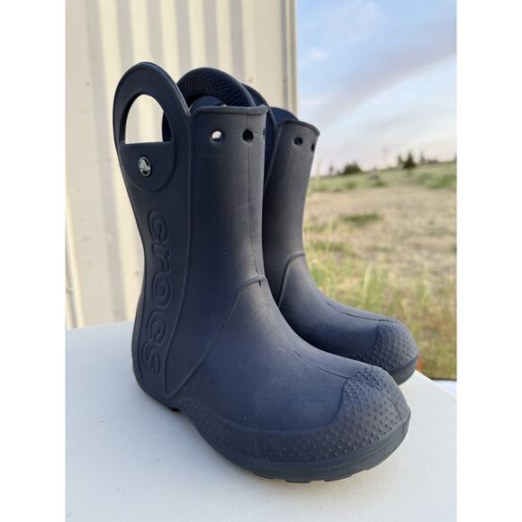 Crocs Handle It Rain Boots Kids Size J2 Navy Blue Waterproof Slip On Rubber - Picture 1 of 4